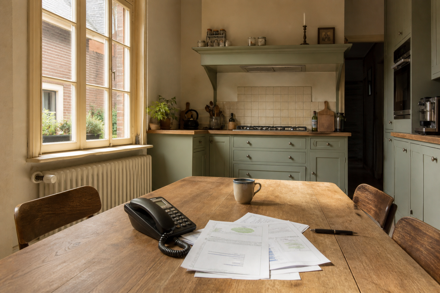 Keuken in een Vlaamse woning met energiedocumenten klaar voor een gesprek
